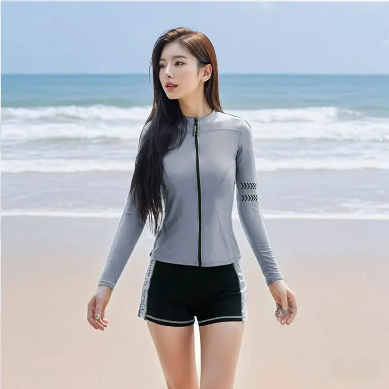 Women's Conservative Two-Piece Swimming Suit Long Sleeve Surfing Diving Thermal Bathing Suit Three-Piece Set Long Pants - 2