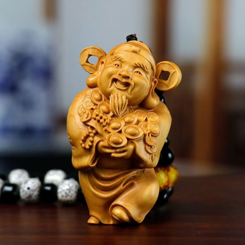 

Boxwood carving God of wealth real wood text play hand piece men's portable tray toy piece ornaments living room decoration