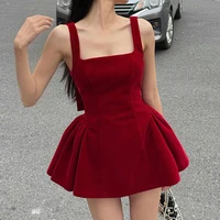 BKLD Fashion Red Bowknot Mini Dress Straps Square Collar Sleeveless Backless Vintage Cute Ladies Slim Party Short A-line Dresses - Image 2
