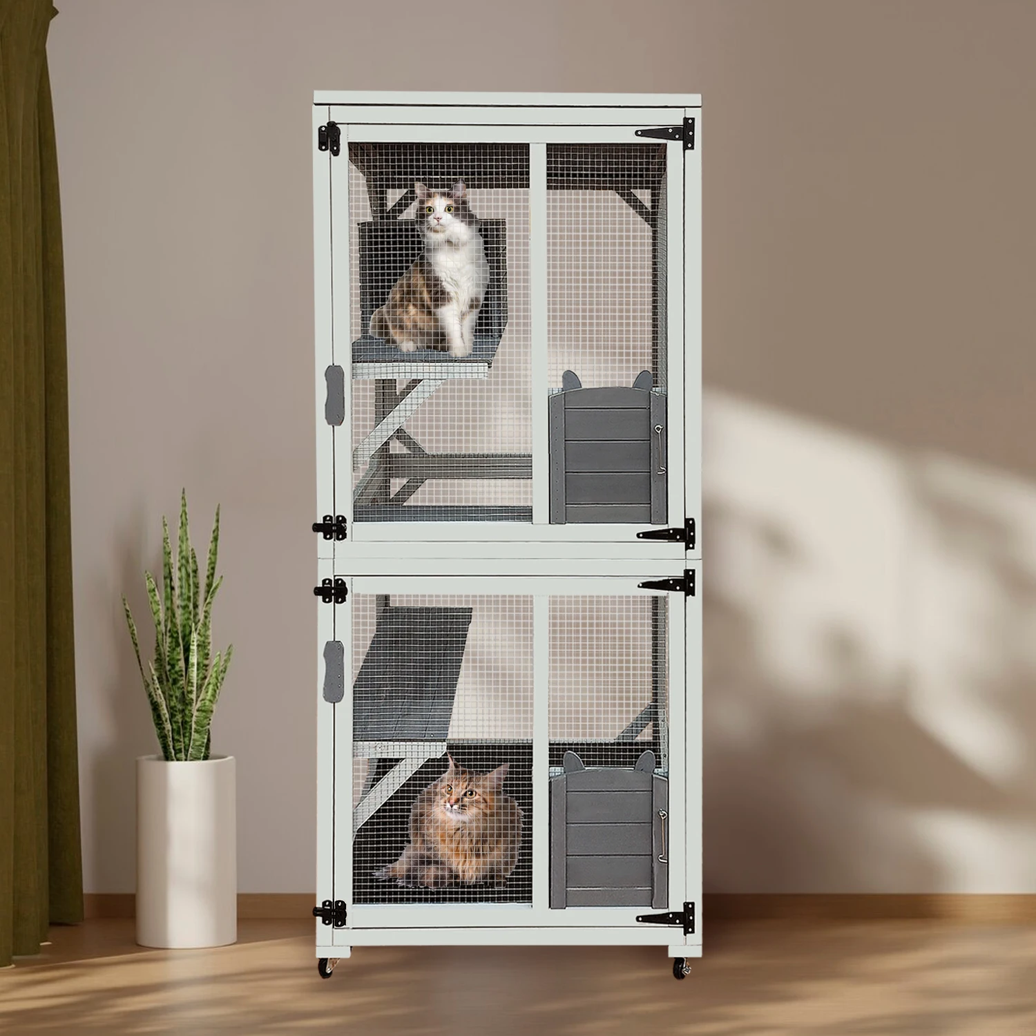 30.7" Wooden Outdoor Cat Enclosure, Luxury Cat House with Napping House Large Kitty Condo Cage Shelter with Sliding Doors