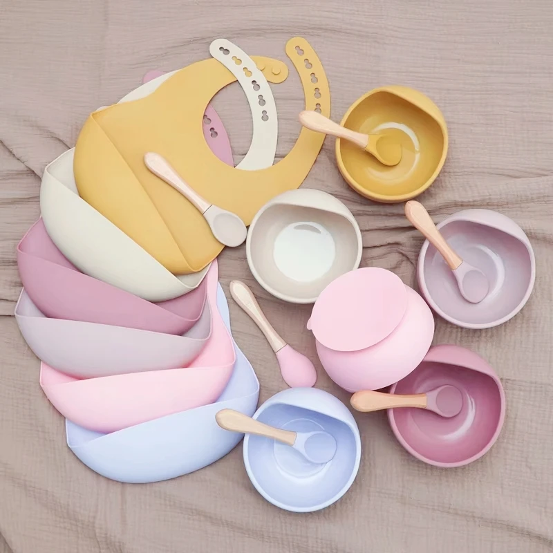 9pcs Baby Silicone Feeding Waterproof Set Children Suction Bowl Plate Spoon Fork Bibs Cup Kids Training Tablewear Bpa Free Gifts silicone meal set silicone feeding set baby tableware set