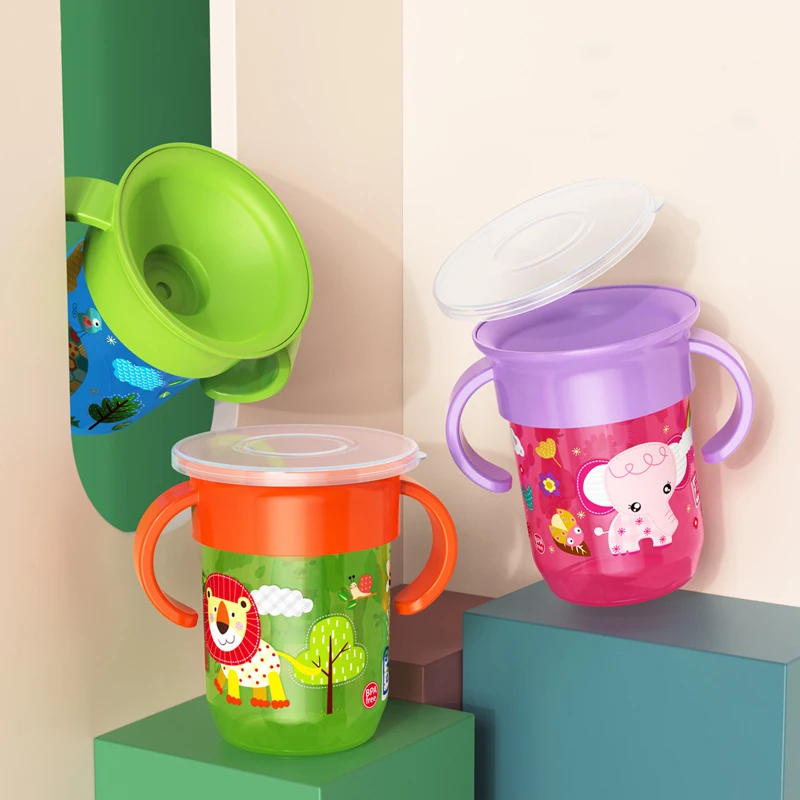 360 Rotated Cartoon Baby Learning Drinking Cup with Double Handle Flip Lid Leakproof Infants Water Cups Bottle BPA Free 2