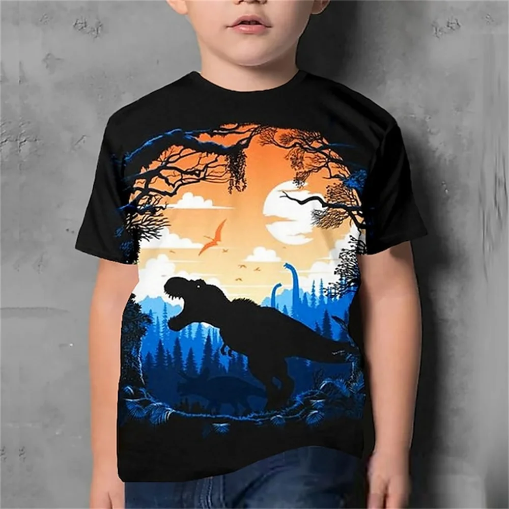 Children Clothes Girls 8 To 10 Years T Shirt For Boys Dinosaur Short Sleeve Cartoon Animals Summer Black Kid T-Shirts 3d Print