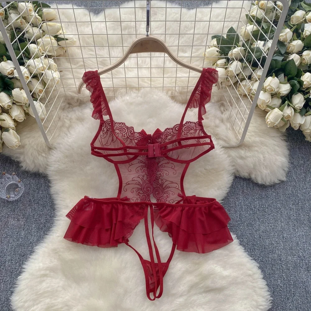 Transparent Lace Ruffle Strap Playsuit One Piece Backless Open Crotch Slim Fit Sexy Women's Pajamas Lingerie Bow New Mini Skirt
