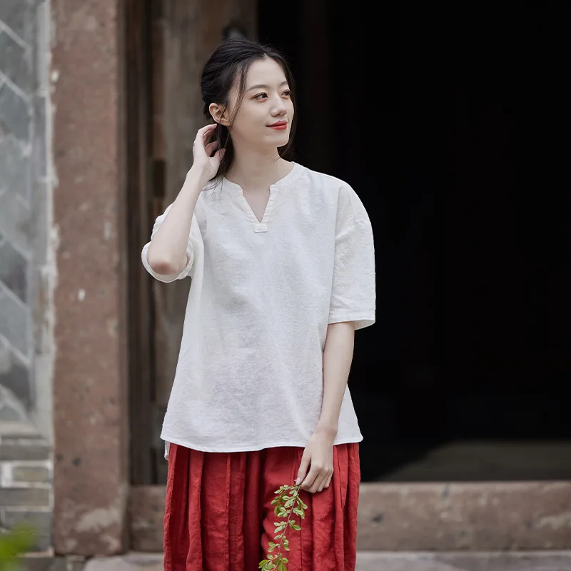 

Women Chinese Style Shirts Cotton Linen Blouses Solid Color 2023 New spring Summer Stand Short Sleeve Button Vintage Shirts
