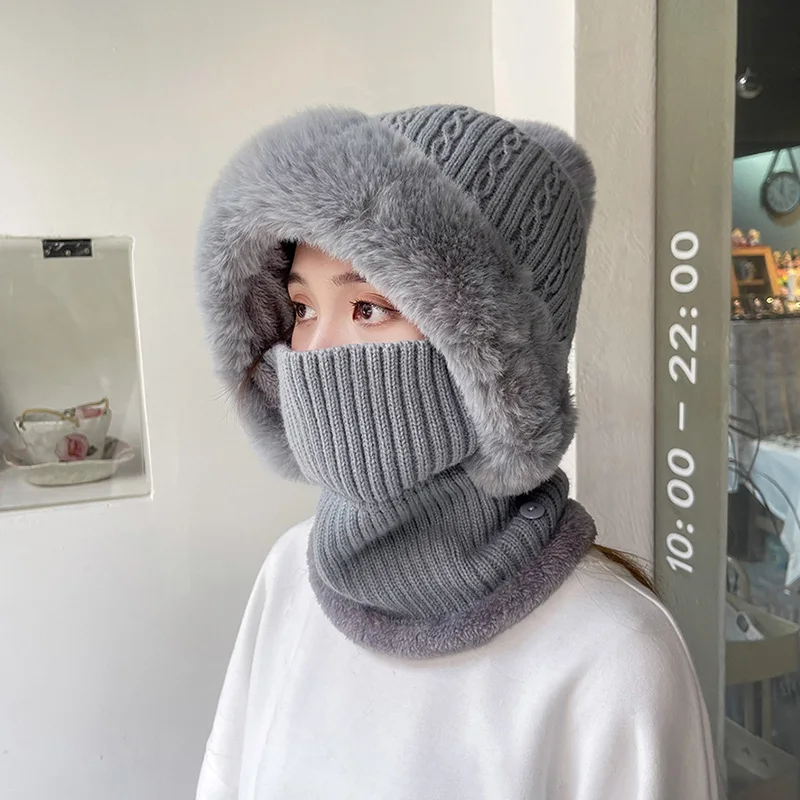 Winter Warm Fleece Lined Mask Beanies With Hairball Knitted Balaclava Hats Outdoor Cycling Windproof Hooded Neck Gaiter