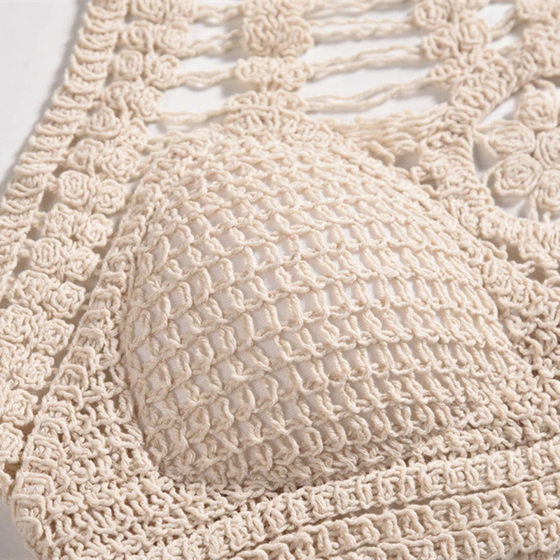 Boho Sexy Beach Camisole Halter Holiday Women Crochet Knit Swimsuit Padded Bra Tube Top Backless Vest Hollow Tassel Tank Crop