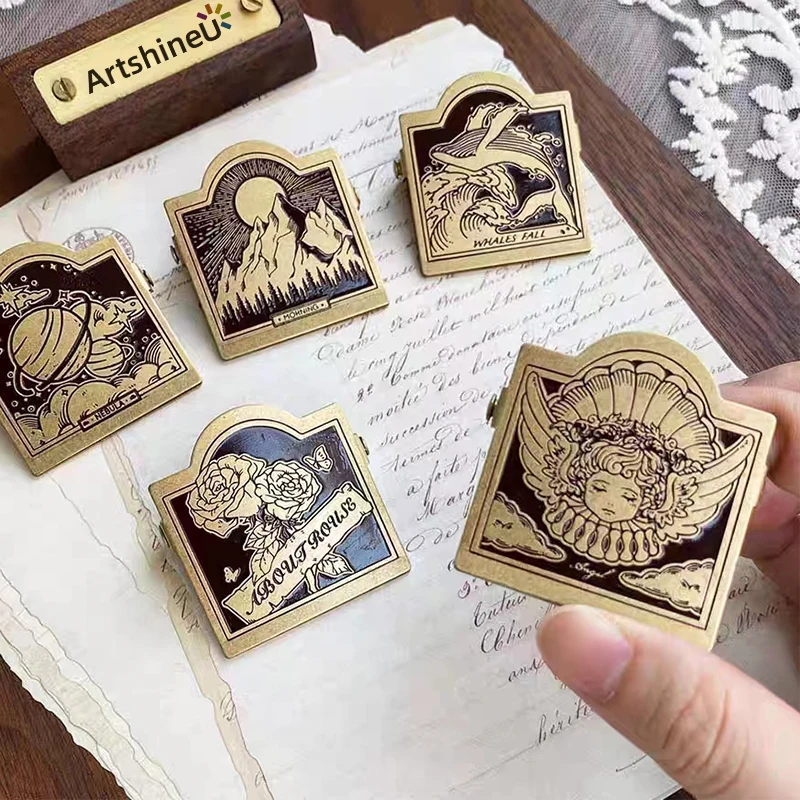 Vintage Brass Clip, Watercolor Book Memo Notebook Decoration Cute Clamp Stationary Reciepts Binder Clip Multiple Specifications