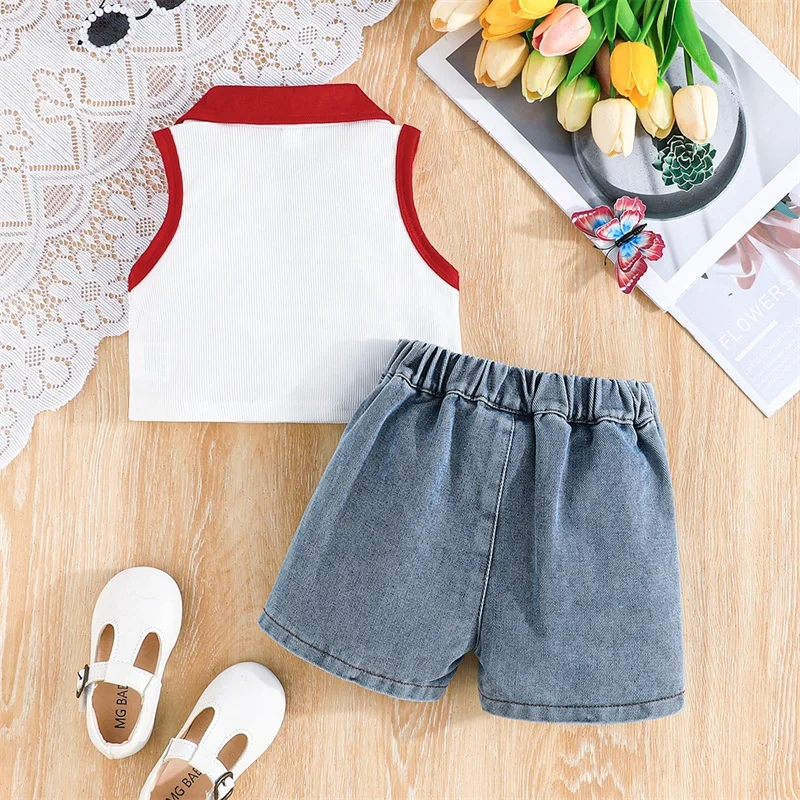 FOCUSNORM 2-7Y Mode Kleine Mädchen Sommer Kleidung Sets Kontrast Farbe Revers V-ausschnitt Tank Tops + Denim Röcke 2 stücke – Detail 2