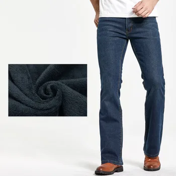Mens Winter Stretch Denim Jeans Thicken Warm Pants Slim Slightly Flare Trousers Boot Cut Fit Polar Fleece Jeans 1