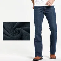 Mens Winter Stretch Denim Jeans Thicken Warm Pants Slim Slightly Flare Trousers Boot Cut Fit Polar Fleece Jeans 1