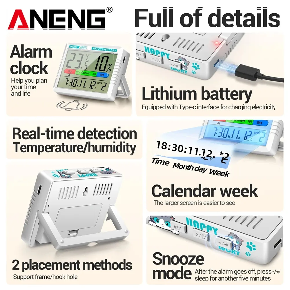 Temperature Humidity Meter Air Thermohygrometer ANENG AP01 Thermometer Hygrometer Rechargeable Multifunction Tester Backlight Air Electronic Monitor Meter Alarm Clock Testers