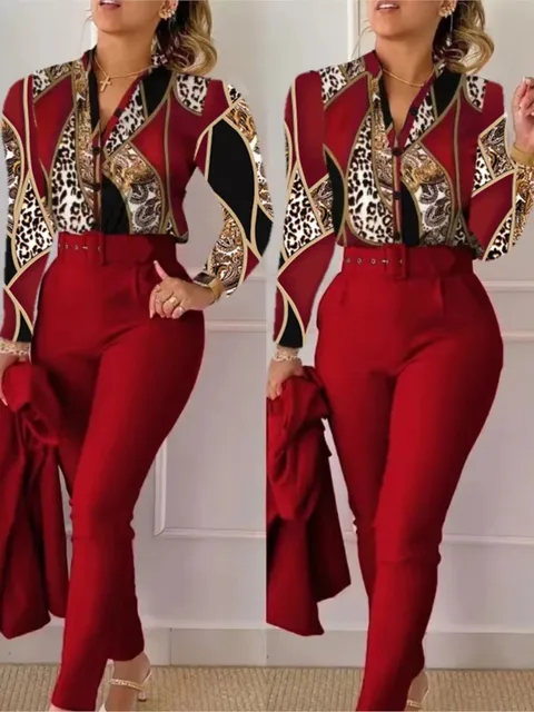 Elegant Women Printed Two Piece Suit Sets Spring Autumn V Neck Long Sleeve Shirt Top & Long Pants Set With Belt Workwear Outfits 3