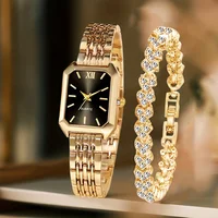 2PCS Fashion Rectangle Women Quartz Watch Rhinestone Bracelet Set Ladies Roma Dial Wristwatch Reloj Mujer Girls Clock Gift