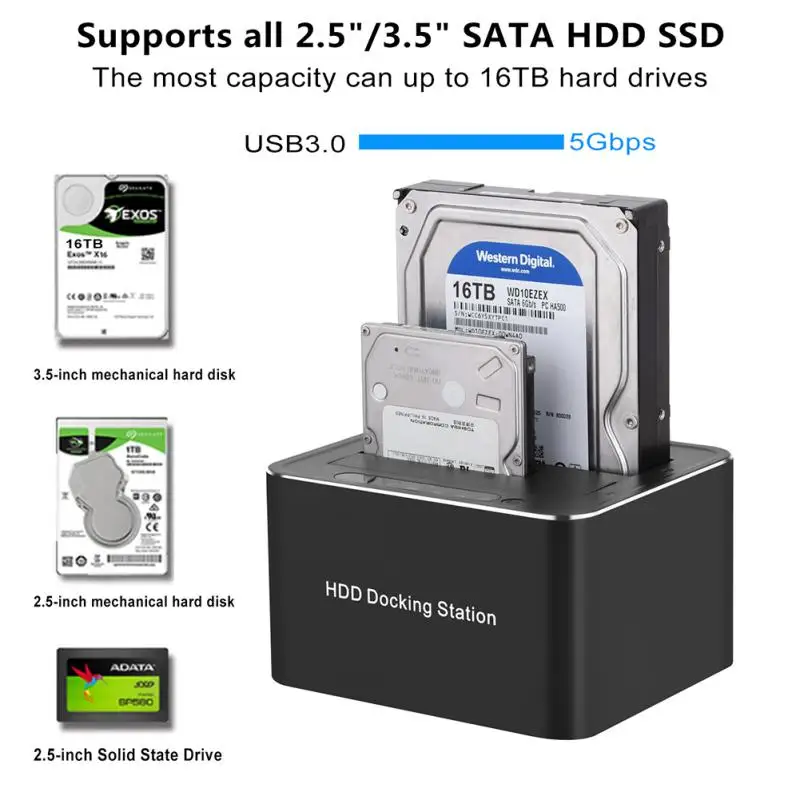 

Док-станция для внешних дисков 2,5/3,5 дюйма, Hdd Ssd Sata на Usb 3,0 Hdd, двойной жесткий диск, поддержка офлайн-клонирования док-станции