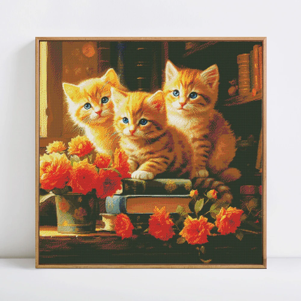 Embroidery Kits Cat Animal Cross Stitch Flower DMC Threads Printed Canvas Needlework Painting Home Decoration DIY Gift