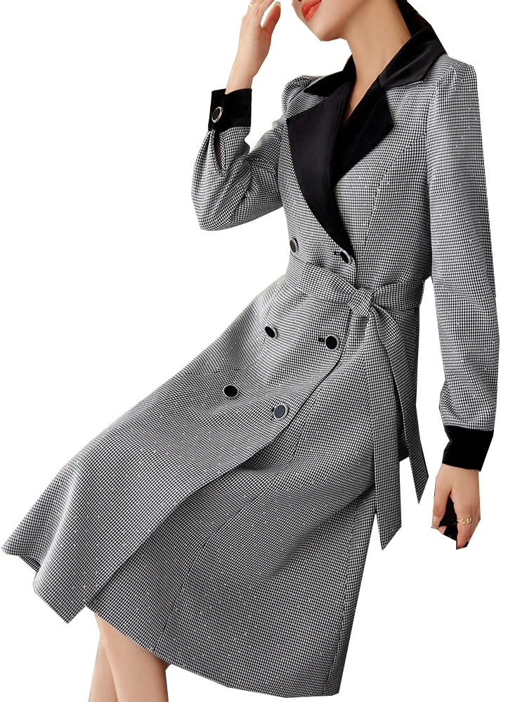 

High Quality Long Women Blazer Ladies Jacket Black Plaid Female Casual Coat With Belt For Autumn Winter