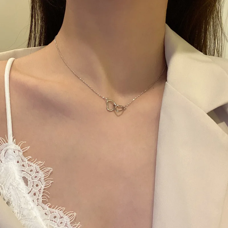 Double Heart Necklace Silver Gold Double Heart Pendant Chain Double