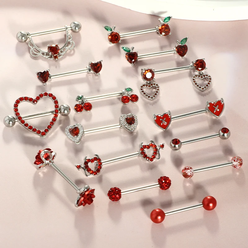 2pcs Pink  Heart Nipple Piercing Barbell Shiny Crystal Nipple Rings Bulk For Women Flower 14G Nippel Jewelry Piercing