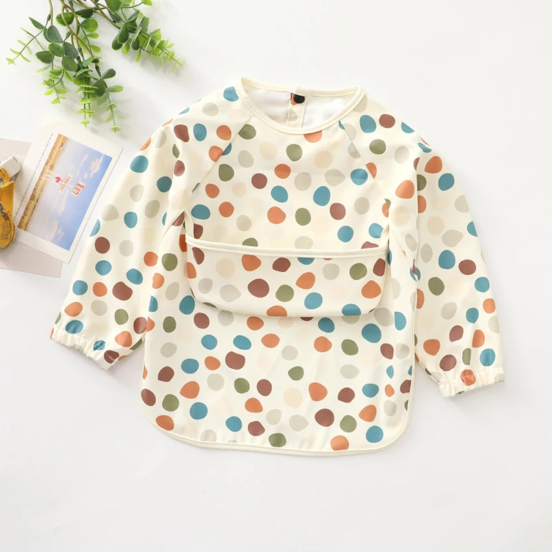New Children Feeding Aprons Long Sleeve Baby Bib With Pocket Full Cover Kid Gown With Bag Waterproof Long-Sleeve Smock 5
