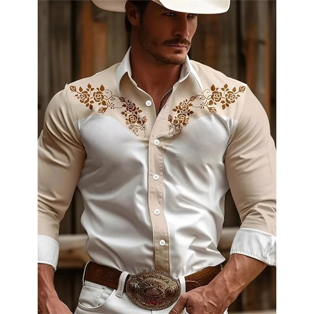 Men's Vintage Shirt Denim style Rose elegant Long Sleeve Hawaiian Shirts Men Women Fashion Essential Shirt Floral Lapel Blouse