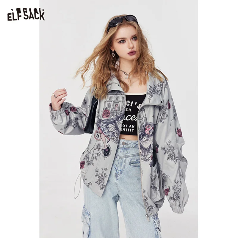 ELFSACK cartoon printing mid long length casual coat for women 2024 spring zippper long sleeve contrast street style casual coat