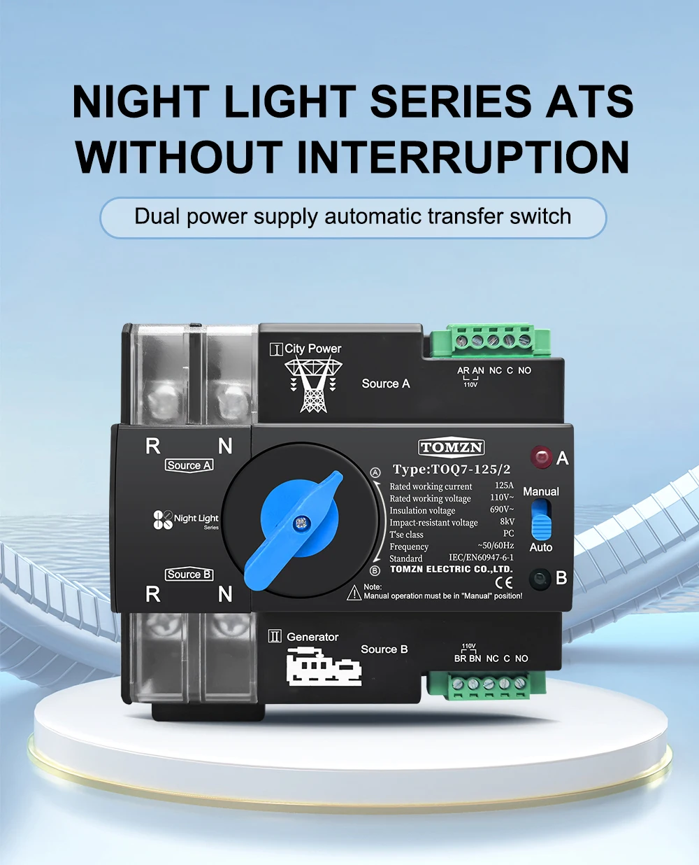 Din Rail ATS 110V 120V Dual Power Automatic Transfer Electrical Selector Switch