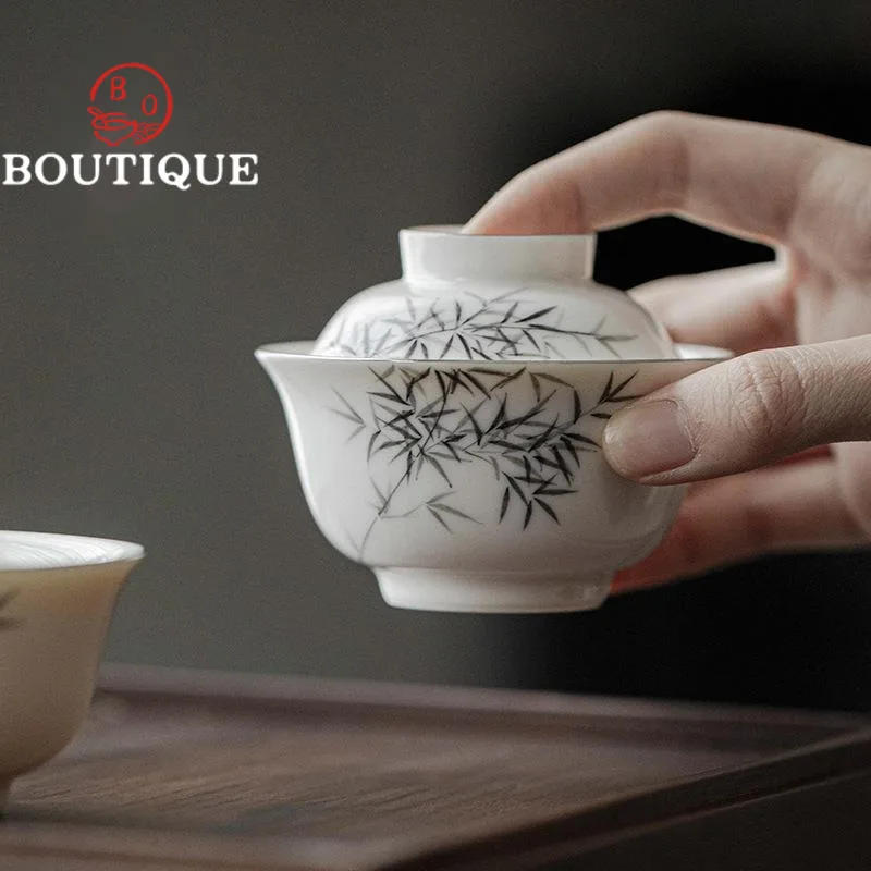 90ml Boutique Hand-painted Bamboo Ceramic Covered Bowls Household Tea Soaking Gaiwan Tea Maker Soperas Kung Fu Set Tool Gift