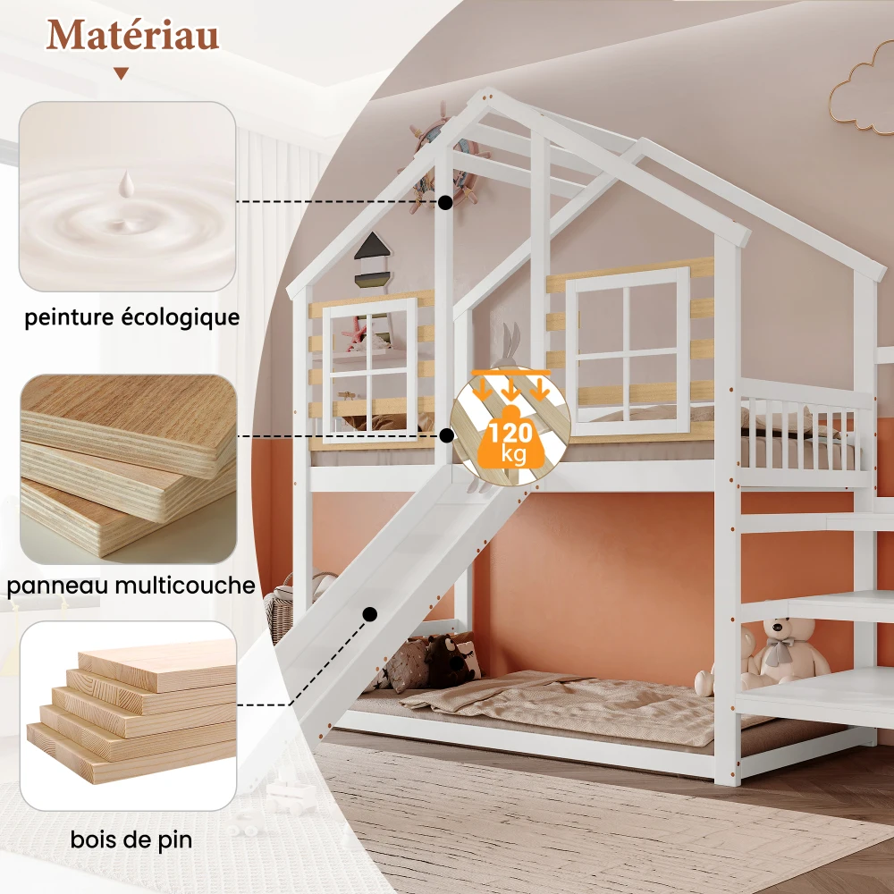 90x200cm Etagenbett, Holzbett mit Treppe und Gitter, mit Rutsche und Fenster, Holzhaus mit Absturzsicherung, Massivholzrahmen – Detail 7