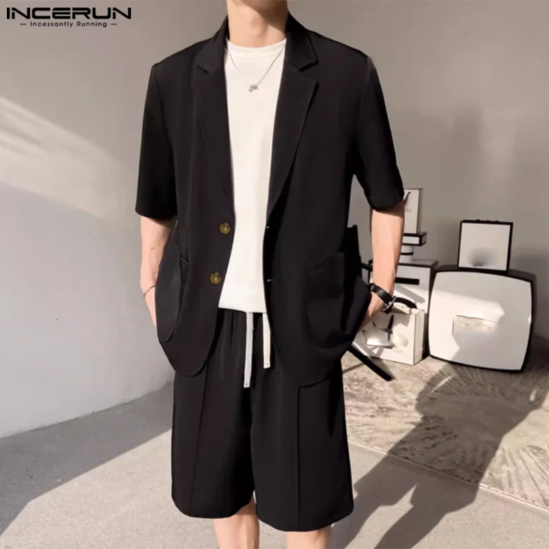 

INCERUN 2024, комплекты в Корейском стиле, красивый новый мужской однотонный блейзер с коротким рукавом и шорты, уличная одежда, мужской костюм из двух предметов