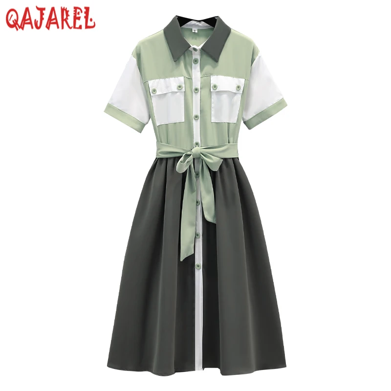 

2024 Patchowrk Short Sleeve Polo Collar Midi Dress Summer New Elegant Bodycon Office Lady Dress 2024 Korean Vintage Casual Dress