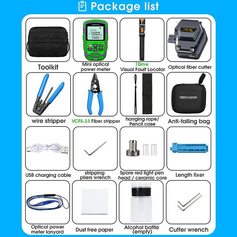 FTTH Fiber Optic Tool Kit with SKL-6C Fiber Cleaver -70+10dB/-50+26dBm 3 in 1 Mini Optical Power Meter 10Mw Visual Fault Locator