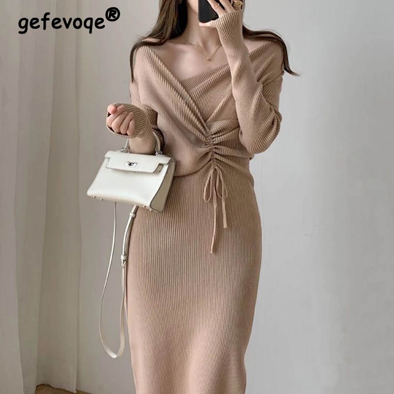 

Women's Ruched Lace Up Elegant Chic Bodycon Ribbed Knitted Dresses Sexy V Neck Long Sleeve Solid Split Midi Dress Party Vestidos