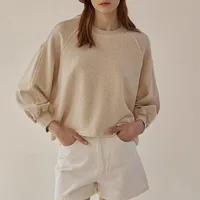 Women's Autumn Winter 100% Cotton Sweatshirt Loose Short Lantern Sleeve Spliced Pure Cotton French Casual Pullover Tops - Image 2