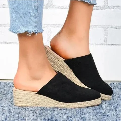 

Shoes Ladies' Slippers On A Wedge Slipers Women Big Size Low Summer 2023 Soft Casual Hoof Heels Basic Slides PU Fabric Rome Rubb