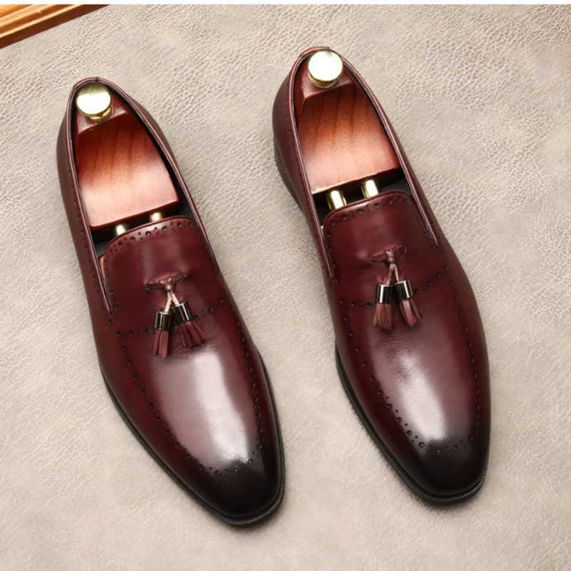 

Fashion Mens Casual Business Loafers Luxury Genuine Leather Brand Handmade Designer Black Tassel Oxfords Wedding Dress Shoes Man