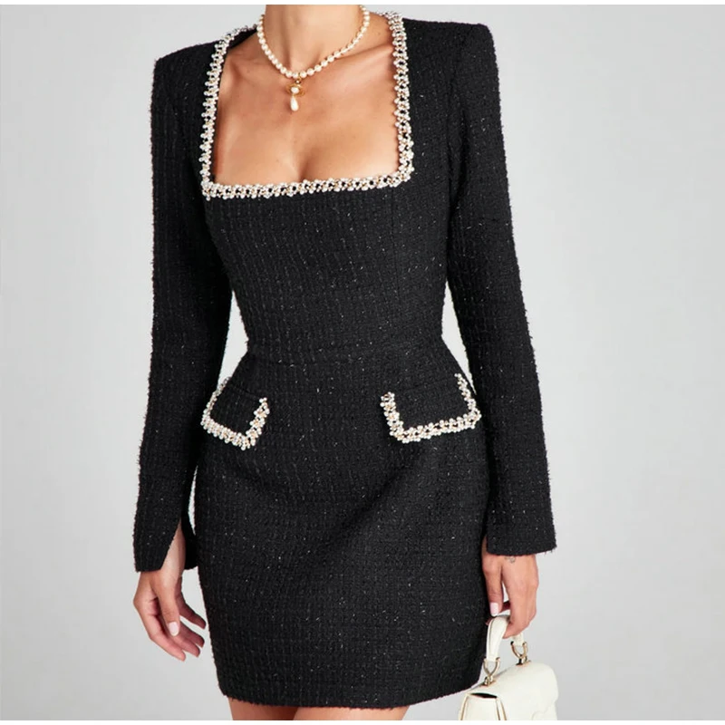 Elegant Tweed Mini Dress Women Square Collar Long Sleeve Shoulder Pads Dresses Female Autumn Lady HighStreet Robes