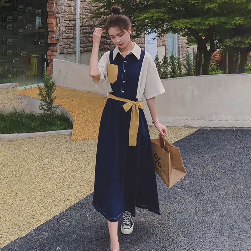 Dress for Women Temperament Shirt Skirt Retro Splicing Contrast Color Over Knee Mid-length Lapel Waist to Make You Look Thin 5