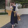 Dress for Women Temperament Shirt Skirt Retro Splicing Contrast Color Over Knee Mid-length Lapel Waist to Make You Look Thin 5