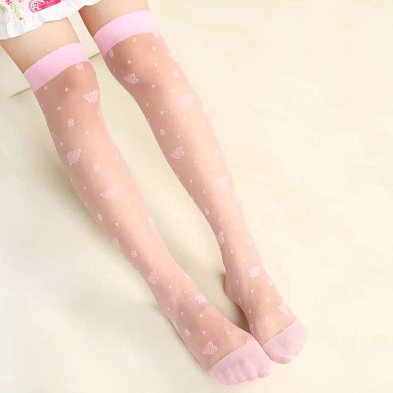 Summer Children Girls Thin Breathable Socks Baby Kids Cute Cartoon Butterfly Cat Knee High Stockings White Dance School Clothes