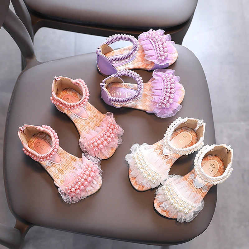 Children Sandals Girl's Lace Pearl Zipper Sweet Luxury Summer Open Toe 21-36 Toddler Fashion Soft Dance Kids Sliders