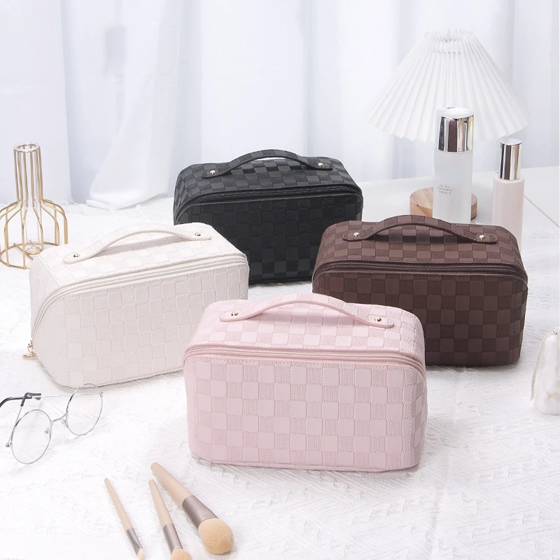 

Вместительная уличная косметичка из ПУ кожи, женская косметичка, Женский органайзер для туалетных принадлежностей, водонепроницаемые женские клетчатые Чехлы для хранения косметики