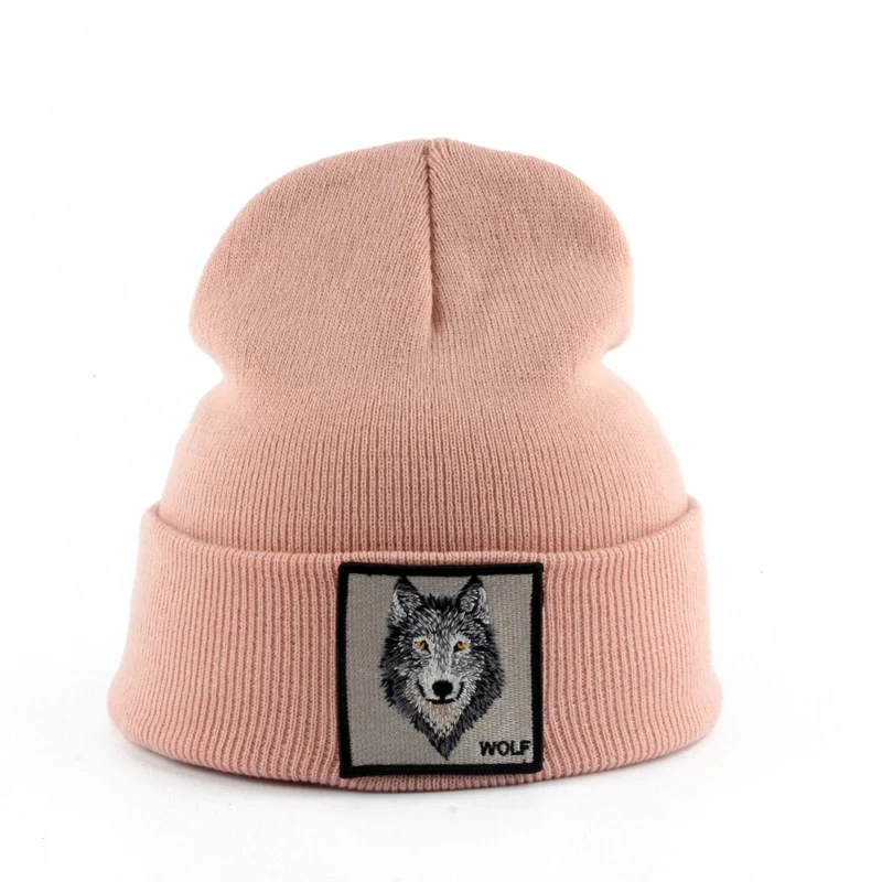 Dropshipping Womens Beanie Hat Warm Winter Knitted Hats For Men Wolf Embroidery Hip Hop Cap Slouchy Skullies Beanies