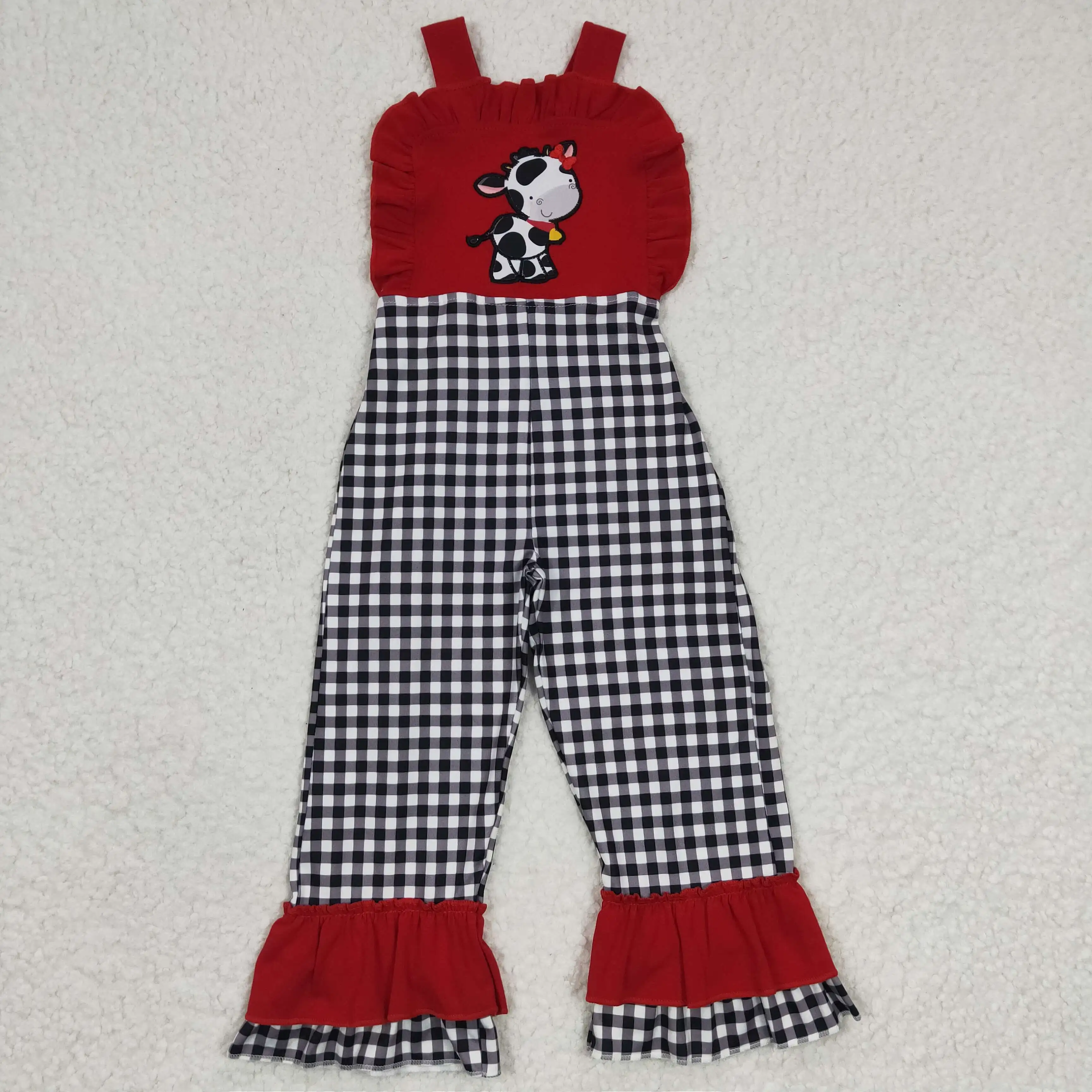 

SR0165 Kids Clothes Girls Embroidered Cow Suspenders Red Onesie