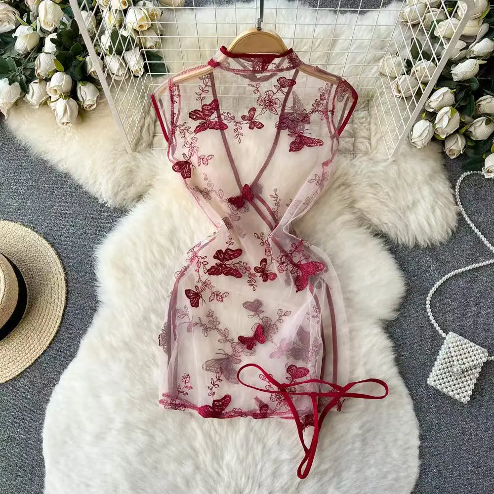 See Through Sexy Lace Qi Pao Lady's Bodycon Short Dress 2025 New Women's Secret Clothing Erotic Lingerie Sexy Pajama Sleep Dress