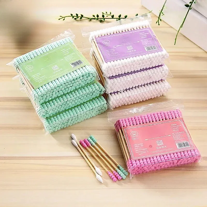 Double Head Cotton Swab Women Makeup Cotton Buds Tip for Medical Wood Sticks Nose Ears Cleaning Health Care Tools 100pcs Pack