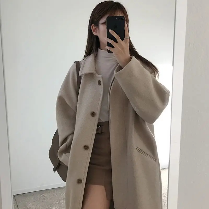 2023 New Women Winter Thicken Korean Mid-Length Woolen Coat Female Fashion Casual All-Match Parkas Loose Solid Color Outwear