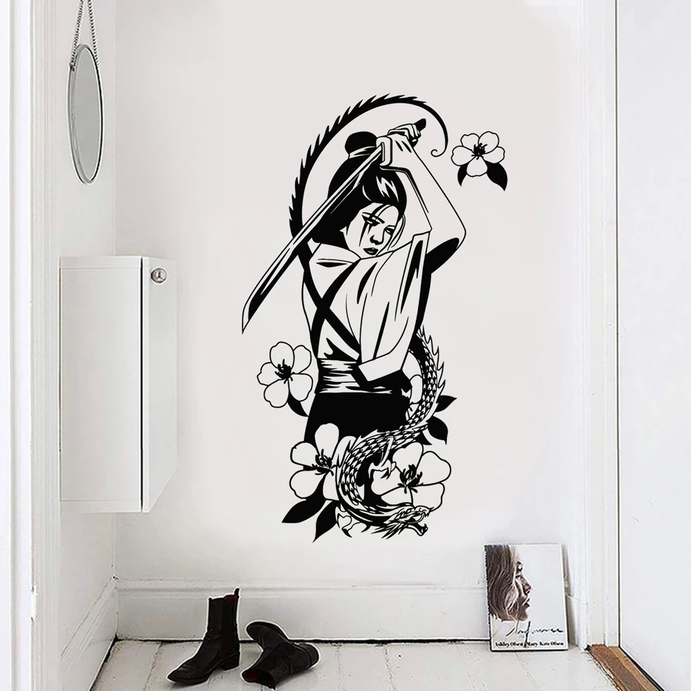 

Wall Stickers Japanese Geisha With Catana Flowers Dragon Anime Vinyl Decals Bedroom House Decor Boys Girls Room Poster DW13678