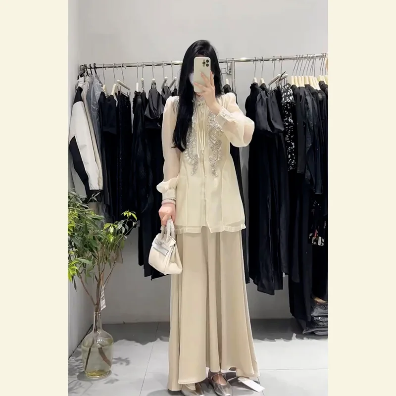

New Chinese style women's clothing set paired with age reducing white sequin shirt, silk acetate dress set, spring