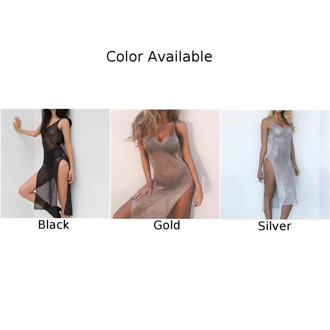 Swimsuit cover up Swimsuit coverup Fishnet cover up Women Sexy Mesh Beach Dress Sheer Long Cover Up Knitted Glitter Tunic Female Golden Swimsuit Bikini Sarong Swimwear Sling Dress